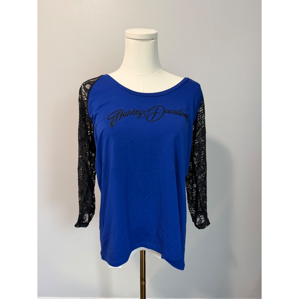 Blue/Black Lace Sleeve Harley-Davidson Top (Wildcat, London KY) — XL